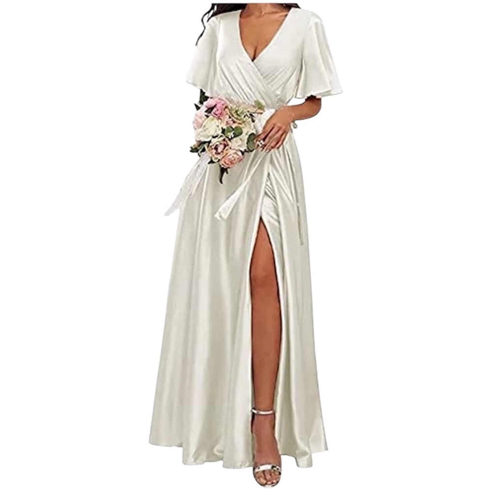 V Neck Dress with Slit A-Line Bridesmaid Bridal Dresses Short Sleeve 16 Ivory